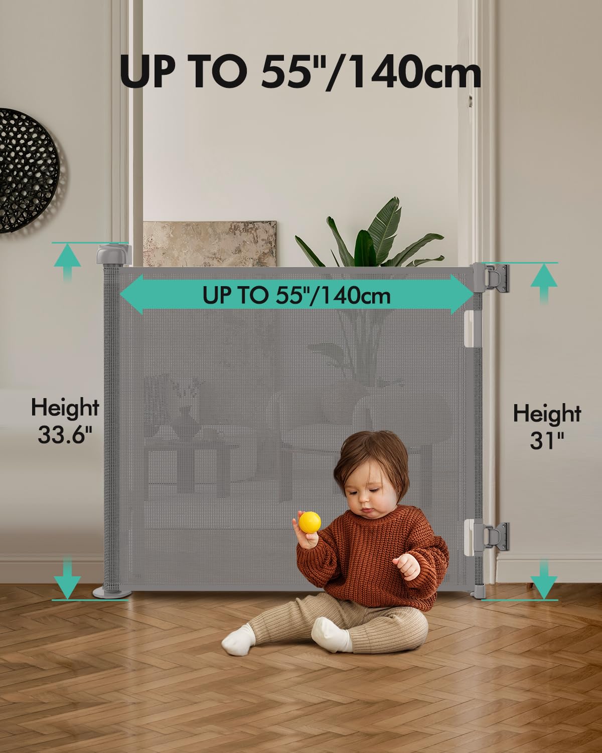 Retractable Baby Gates, Mesh Dog Gate for Doorways, 33.6 Tall, Expands to 55 Wide,Pet Safety Essential Fit for Baseboards, Wide Toddlers Gates for Hallways, Indoor & Outdoor,Grey